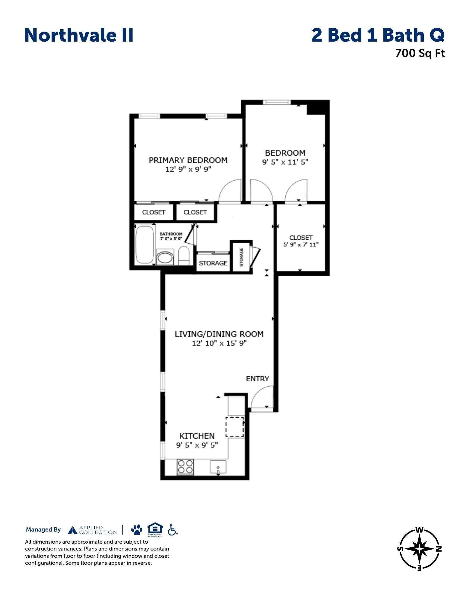 Floor plan for 2 beds, 1 bath, 700 sqft